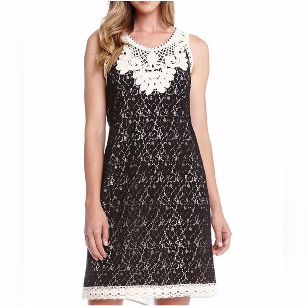 Karen Kane Black/Ivory Muti-Lace/Crochet Stretch Shift Dress Size L $158 V Neck